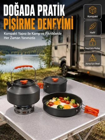 Mey Mey İthalat Alüminyum Kamp Pişirme Seti Katlanabilir Kulplu Çaydanlık Tencere Tava Outdoor Yemek Seti Najmaddin