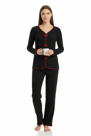 Beru Premium Kadın 4’lü Fitilli Set – Siyah Kırmızı Biyeli (pijama Üst, Pantolon, Bikini Takımı) Najmaddin