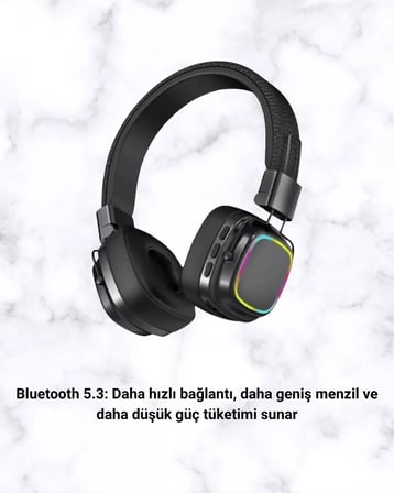 Hepsi Bluetooth 5.3 Rainbow Işıklı Kulak Üstü Kablosuz Kulaklık Yeni Nesil Najmaddin