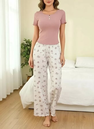 Beru Kadın Çiçekli Desenli Uzun Pijama Takımı Yumuşak Pamuklu Rahat Ev Giyimi Özel Tasarım Najmaddin