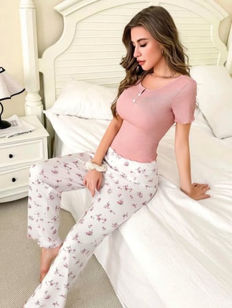 Beru Kadın Çiçekli Desenli Uzun Pijama Takımı Yumuşak Pamuklu Rahat Ev Giyimi Özel Tasarım Najmaddin