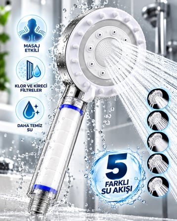 Karg Klor Ve Kireç Filtreli Duş Başlığı 5 Farklı Su Akışı Masaj Etkili Filtreli Duş Başlığı Najmaddin