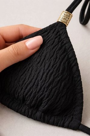 Beru Siyah Pedli Üçgen Bikini Üstü Halter Bağlamalı Aksesuarlı Esnek Kumaş Kadın Mayo Üstü Najmaddin