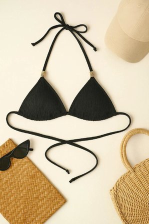 Beru Siyah Pedli Üçgen Bikini Üstü Halter Bağlamalı Aksesuarlı Esnek Kumaş Kadın Mayo Üstü Najmaddin