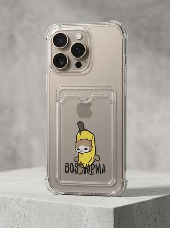 Hepsi iPhone 16 Pro Max Boş Yapma Muz Detaylı Kart Bölmeli Şeffaf Telefon Kılıfı Najmaddin