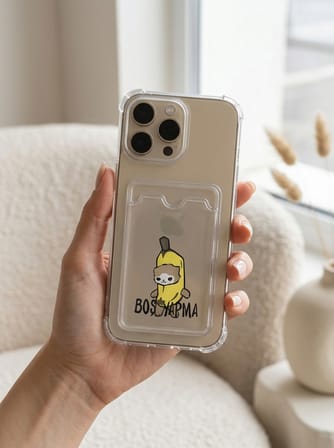 Hepsi iPhone 16 Pro Max Boş Yapma Muz Detaylı Kart Bölmeli Şeffaf Telefon Kılıfı Najmaddin