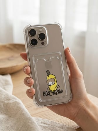 Hepsi iPhone 16 Pro Max Boş Yapma Muz Detaylı Kart Bölmeli Şeffaf Telefon Kılıfı Najmaddin
