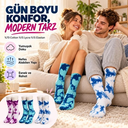 Beru Unisex Batik Desenli Çorap 3'lü Set Pamuklu Renkli Uzun Soket Dikişsiz Nefes Alan Spor Çorabı Günlük Najmaddin