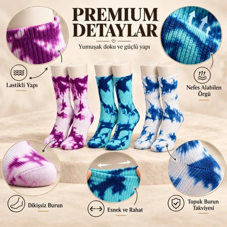 Beru Unisex Batik Desenli Çorap 3'lü Set Pamuklu Renkli Uzun Soket Dikişsiz Nefes Alan Spor Çorabı Günlük Najmaddin