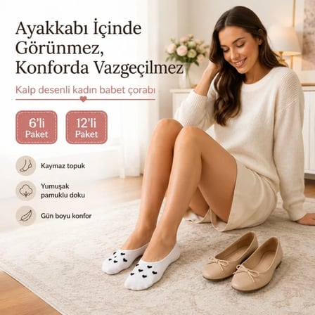 Beru Kadın Kalp Desenli Görünmez Babet Çorap 12'li | Pamuklu Kaymaz Topuk, Siyah Beyaz Karışık Najmaddin