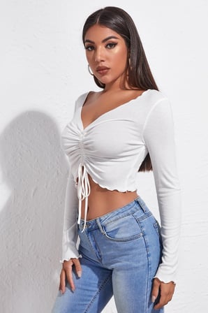 Beru Kadın Beyaz Uzun Kollu Büzdürme Bağcık Detaylı Crop Top Bluz Najmaddin