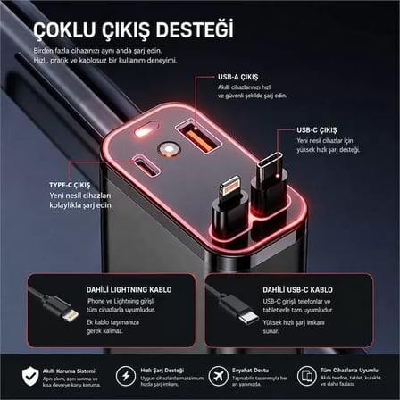 Sh Hello Hl-29871 Araç Çakmaklık Şarj Cihazı Dahili Çekilebilir Type-c Lightning Çift Kablo Ambiyans Işıklı Najmaddin