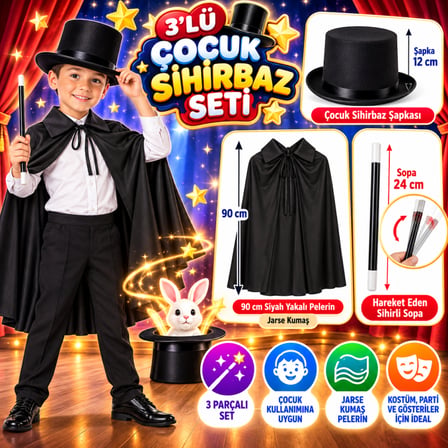 Ticaret 3 lü Çocuk Sihirbaz Seti – 90 cm Siyah Pelerin, Şapka ve Hareket Eden Sihirli Sopa Najmaddin