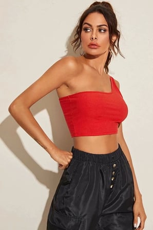 Beru Kadın Kırmızı Fit Görünümlü Tek Omuz Crop Top Büstiyer Najmaddin