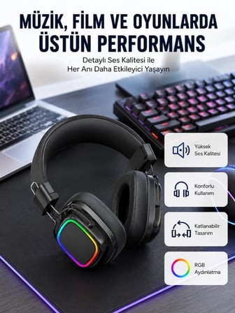 Mey Mey İthalat RGB Işıklı Katlanabilir Bluetooth 5.3 Kulak Üstü Kulaklık Najmaddin