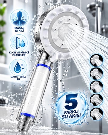 Çe Klor Ve Kireç Filtreli Duş Başlığı 5 Farklı Su Akışı Masaj Etkili Filtreli Duş Başlığı Najmaddin