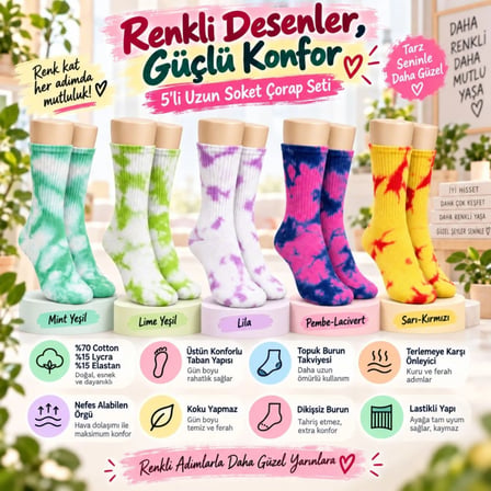 Beru Unisex Batik Desenli Çorap 10'lu Set Renkli Pamuklu Uzun Soket Dikişsiz Nefes Alan Günlük Spor Çorabı Najmaddin
