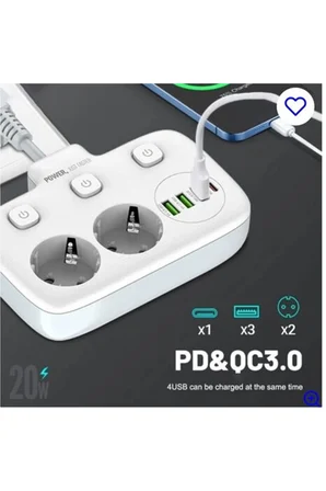 Karg Akım Korumalı 2’li Ayrı Anahtarlı Priz, 2x Priz, 3x Usb, 1x Type-c, 2 Mt Kablo, Hızlı Şarj Najmaddin