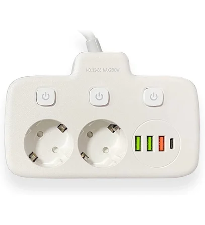 Karg Akım Korumalı 2’li Ayrı Anahtarlı Priz, 2x Priz, 3x Usb, 1x Type-c, 2 Mt Kablo, Hızlı Şarj Najmaddin