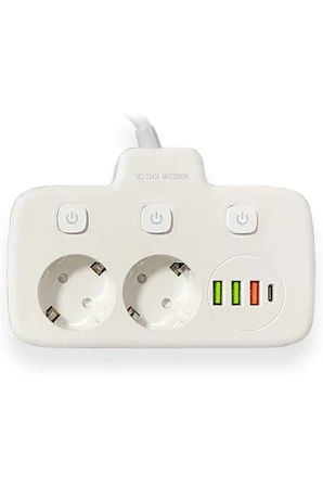 Karg Akım Korumalı 2’li Ayrı Anahtarlı Priz, 2x Priz, 3x Usb, 1x Type-c, 2 Mt Kablo, Hızlı Şarj Najmaddin