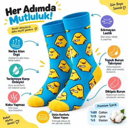 Beru Renkli Civciv Desenli Unisex Çorap 3'lü Set | Yumuşak, Esnek, Konforlu Ve Günlük Kullanıma Uygun Najmaddin