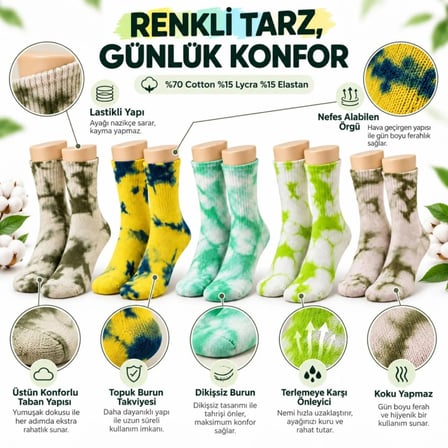 Beru Unisex Batik Desenli Çorap 10'lu Set Pamuklu Renkli Uzun Soket Dikişsiz Nefes Alan Günlük Spor Çorabı Najmaddin