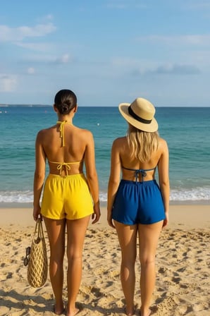 Beru Kadın Sarı Ve Mavi Şortlu Belden Ve Boyundan Bağlamalı Bikini Takımı Najmaddin