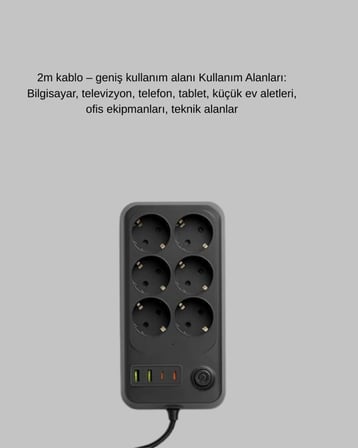 Tedar Usb Type-c Destekli Termal Korumalı 6’lı Uzatma Priz 10a 2m Najmaddin