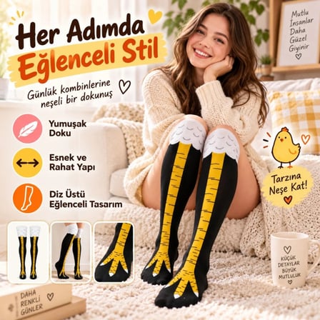 Beru Kadın Diz Üstü Tavuk Ayağı 3'lü Desenli Çorap Siyah Sarı Uzun Eğlenceli Kostüm Parti Günlük Çorabı Modeli Najmaddin