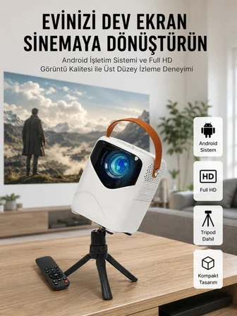 Mey Mey İthalat HD Ayaklı Portatif Projeksiyon Cihazı Bluetooth Wifi Akıllı Android İşlemcili Najmaddin