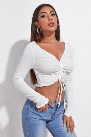 Beru Kadın Beyaz Uzun Kol Drapeli Bağcık Detaylı Crop Top Bluz Najmaddin