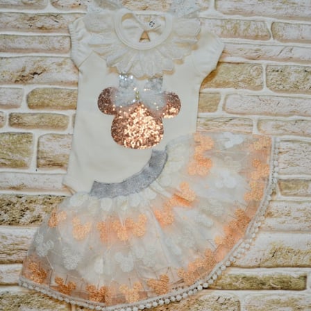 Baby 1-2-3 Yaş Payetli Mickey Nakışlı Kısa Kollu Brode Etekli 2li Kız Bebek Takımı Pudra Najmaddin