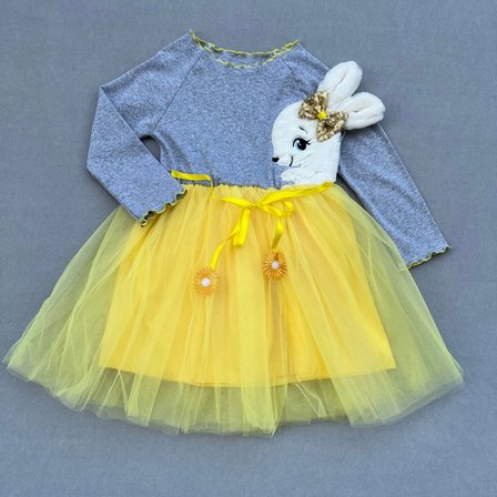 Baby 5-6-7 Yaş Pelüş Tavşan Desenli Kurdela Kuşaklı Astarlı Kız Çocuk Tütü Elbise Sarı Najmaddin