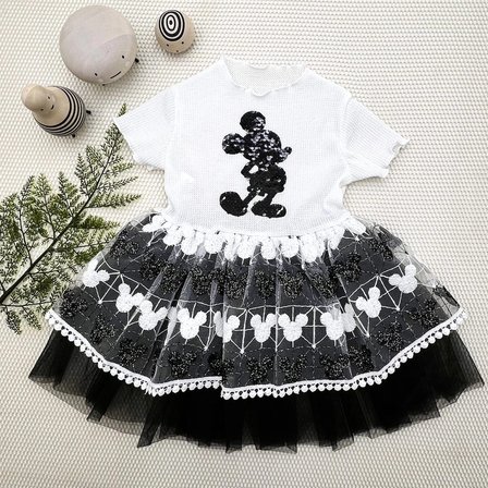 Baby 1-2-3 Yaş Payetli Mickey Baskılı Brode Etekli Kız Bebek Elbisesi Siyah Najmaddin