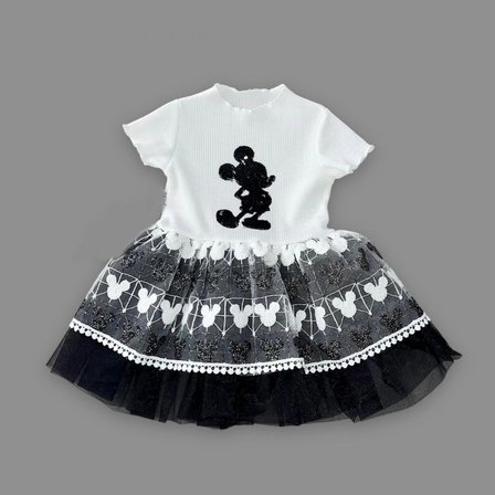 Baby 1-2-3 Yaş Payetli Mickey Baskılı Brode Etekli Kız Bebek Elbisesi Siyah Najmaddin