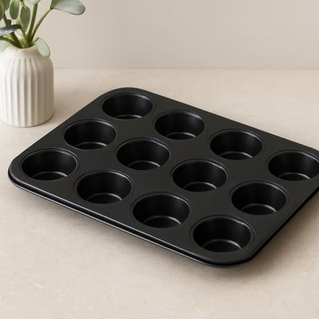 Tedar 12 Gözlü Metal Muffin Kek Kalıbı - Siyah (Düz) Najmaddin
