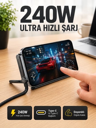 Karg 240w Type-c Telefon Standlı Örgülü Şarj Ve Data Kablosu Najmaddin