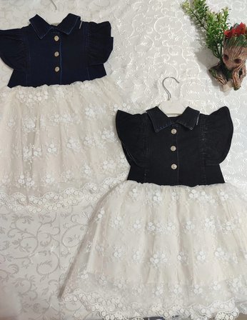 Baby 2-3-4 Yaş Astarlı Brode Etekli Kot Kumaş Düğmeli Kız Çocuk Elbisesi Lacivert Najmaddin