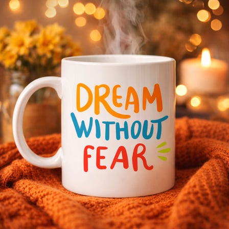 Bez Dream Without Fear Yazılı Porselen Kupa MODEL 139 – Motivasyon Temalı, Renkli Tasarım, Kahve & Çay Kupası – Hediye Seçeneği Najmaddin
