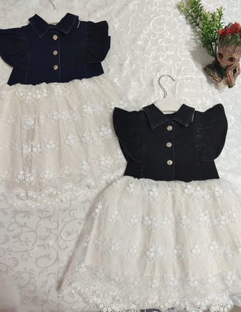 Baby 2-3-4 Yaş Astarlı Brode Etekli Kot Kumaş Düğmeli Kız Çocuk Elbisesi Lacivert Najmaddin