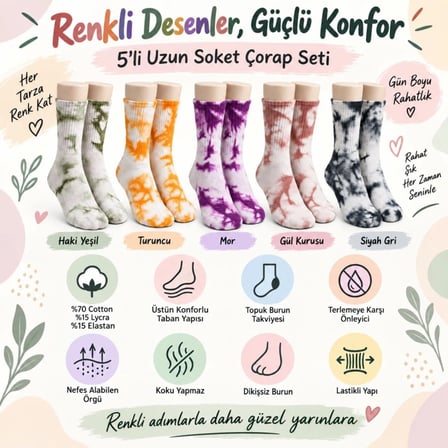 Beru Unisex Batik Desenli Çorap 5'li Set Renkli Pamuklu Uzun Soket Dikişsiz Nefes Alan Günlük Spor Çorabı Najmaddin