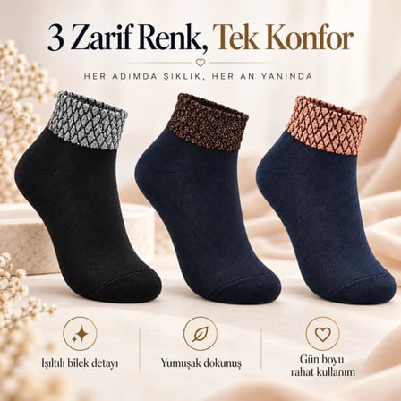 Beru Kadın Simli 3'lü Bilek Patik Çorap | Dikişsiz Havlu Yapı, Yumuşak Konforlu Günlük Çorap Najmaddin