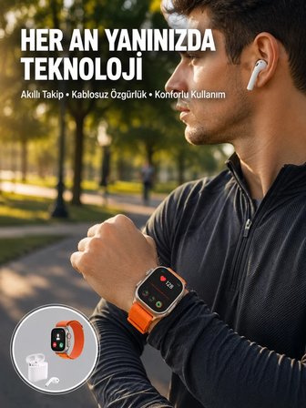 Hepsi S8 Ultra Akıllı Saat ve Bluetooth Kablosuz Kulaklık 2’li Set Yeni Nesil Najmaddin