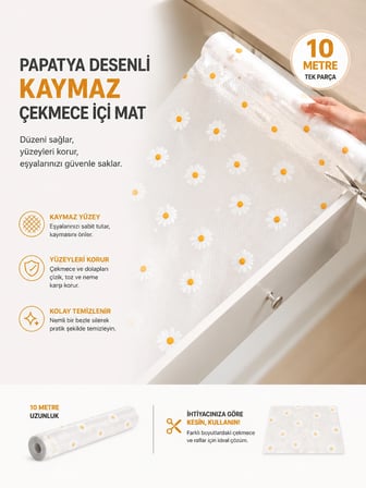 Mey Mey İthalat Papatya Desenli Kaymaz Dolap Ve Çekmece İçi Mat 10 Metre Najmaddin