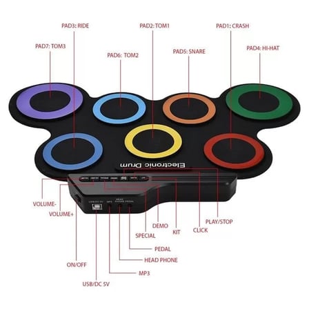 Sh Magicvoice G3002r 7 Ped Gökkuşağı Renkli Elektronik Roll Up Davul Kiti Najmaddin