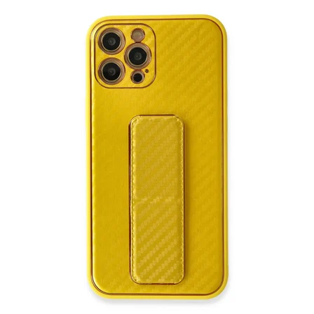 Bez iPhone 12 Pro Max Kılıf Coco Karbon Standlı Kapak - Sarı Najmaddin