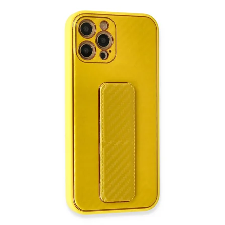 Bez iPhone 12 Pro Max Kılıf Coco Karbon Standlı Kapak - Sarı Najmaddin