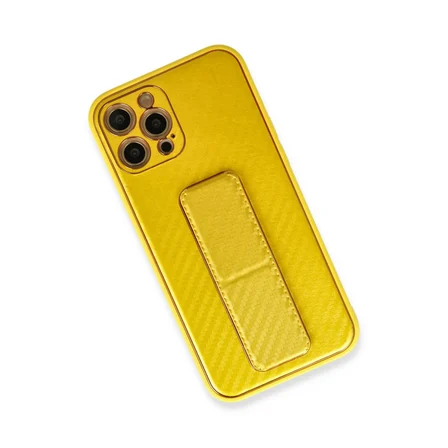 Bez iPhone 12 Pro Max Kılıf Coco Karbon Standlı Kapak - Sarı Najmaddin