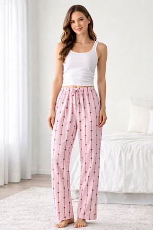 Beru Viskon Pamuklu Kadın Açık Pembe Desenli Pijama Pantolon - Mg007 - Najmaddin