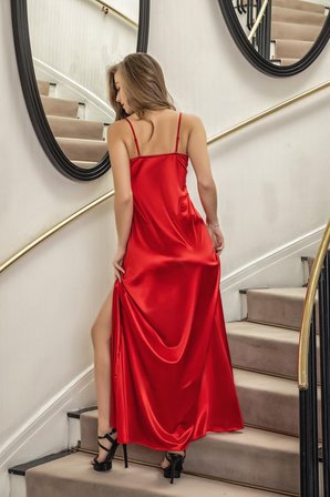 Beru Dantelli Uzun Yırtmaçlı Saten Gecelik Elbise String Takım Kırmızı Najmaddin